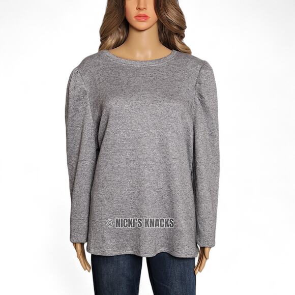 Les Serein Plus Size Metallic Puff Sleeve Crewneck Knit Sweater Silver Size 2X - Picture 2 of 10